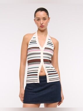 A&F Striped Knit Halter Button-Front Top in Cream, Brown, Pink & Blue